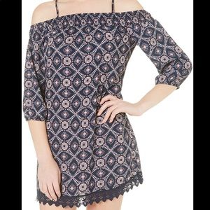 purple patterned off the shoulder dress